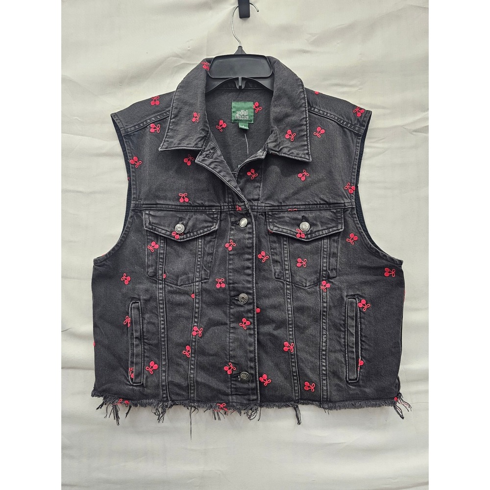 Wild Fable Womens Cherry Embroidered Denim Vest Black Cotton Casual Size Small
